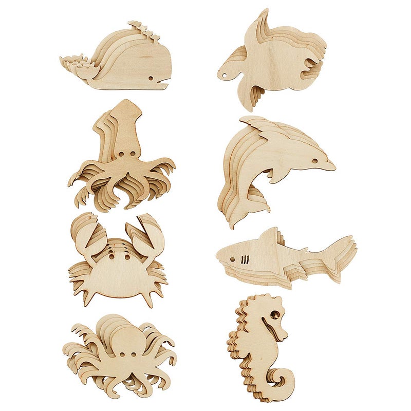 Newbested 48 Pack Unfinished Wooden Ocean Sea Animal Life Cutouts,Octopus,Shark,Whale,Dolphin,Turtle,Crab,Squid,Seahorse Shapes Model for Home Decor Ornament,DIY Craft Art Project(6 PCS/Shape) - Image 1